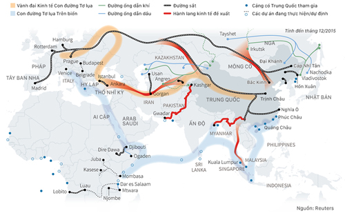 Chiến lược Vành đai và Con đường của Trung Quốc. Đồ họa: Việt Chung.